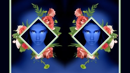 BLUE EYES Twin - Photoshop, Red, Black, Flowers, Pink, Blue, Eyes