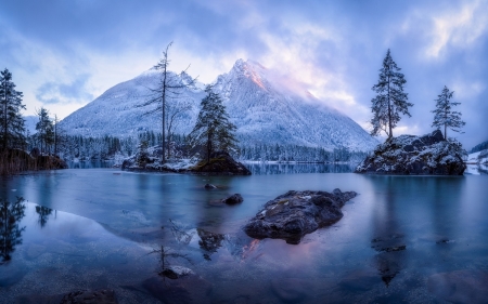 Winter - clouds, lake, blue, mountain