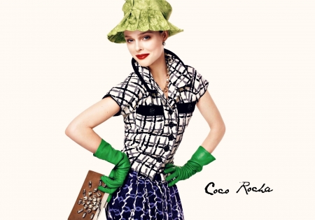 Coco Rocha - hat, blue, girl, Coco Rocha, black, funny, autumn, green, woman, model, gloves