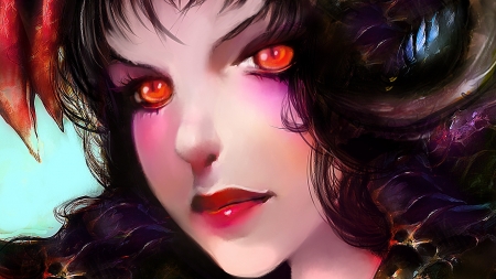 Demon - face, red, demon, succubus, fanelia art, girl, eyes, fantasy, woman