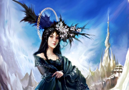 Princess - flower, black, girl, blue, art, white, fantasy, hat, castle, woman