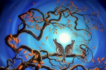 Brother Under Full Moon - autumn, trees, draw and paint, animals, moons, love four seasons, fall, cats, leaves, paintings