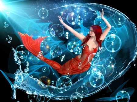 Fantastic Mermaid - abstract, red, mermaid, hair, fantasy