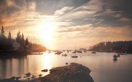 stonington maine at sunset - boats, sunset, inlet, town, harbor