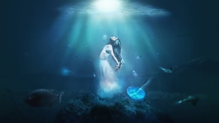 Underwater world - fantasy, world, fish, jellyfish, girl, underwater