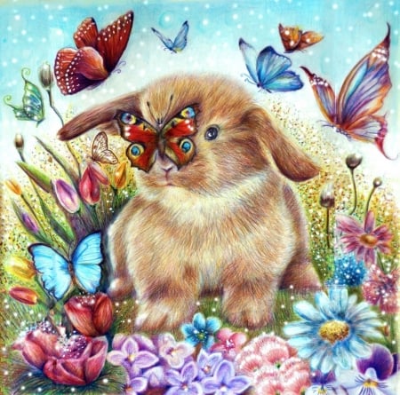 Hares and Butterflies - animal, painting art, hares, butterflies