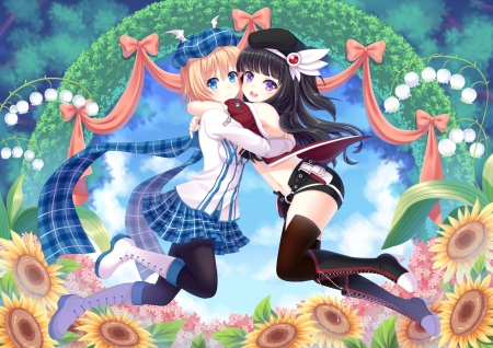 Besties!! - anime, girls, friends, flowers