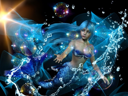 Mermaid - abstract, water, mermaid, blue, beautiful, Pretty, sea, magical