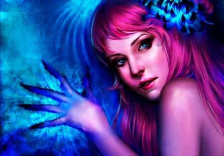 Blazing bloom - flower, digital, pink, girl, blue, art, fantasy, blurilin, luminos, blazing bloom