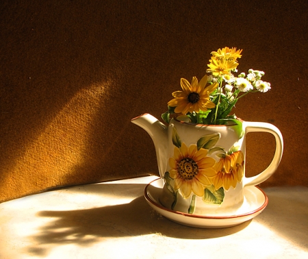 Still Life - flower, teapot, yellow, still life