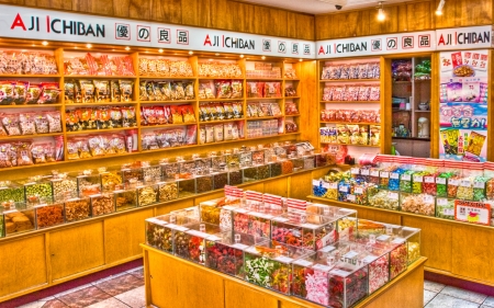 a candy store in japan - shelves, bins, candy, store