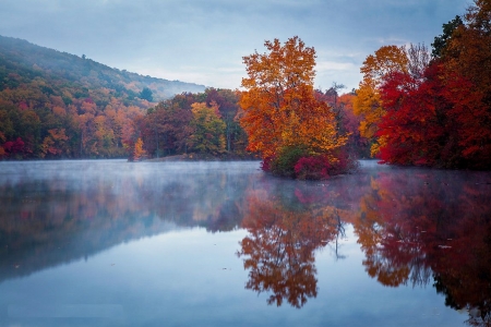 Autumn Lake - season, hills, landscape, reflection, colors