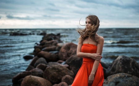 Pretty - clouds, female, blue, beautiful, sea, outdoor, beauty, ocean, light, orange, hair, gorgeous, red, model, sky