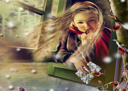 *Christmas* - window, girl, snow, tree, lights