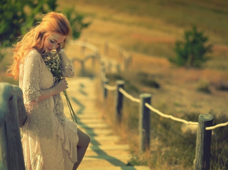 Beauty - woman, beauty, lady, redhead, girl, photography, bouquet, model, softness, beautiful