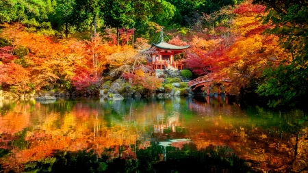 Japanese autumn - trees, pond, Japan, beautiful, tranquil, forest, reflection, leaves, fall, colorful, mirror, autumn, serenity, temple, lake, foliage