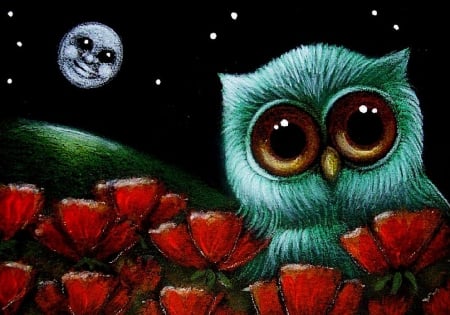 Night Owl - flowers, moon, painting, artwork, eyes, stars