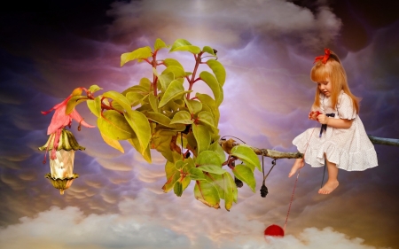 Little girl sitting on tree branch - Street lights, Clouds, Branches, Children, Enchanted, Little girl