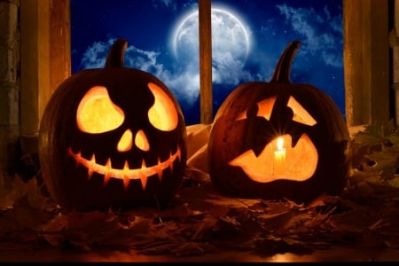 All Hallow's Eve - moon, candle, pumpkins, jack o lanterns, halloween, flame, window, full moon, clouds, leaves