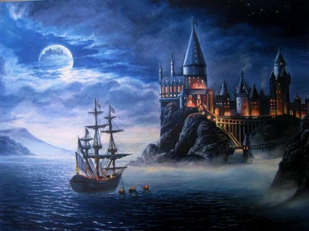 Fantasy Castle - moon, ship, sailship, artwork, cliff, night, sky, building