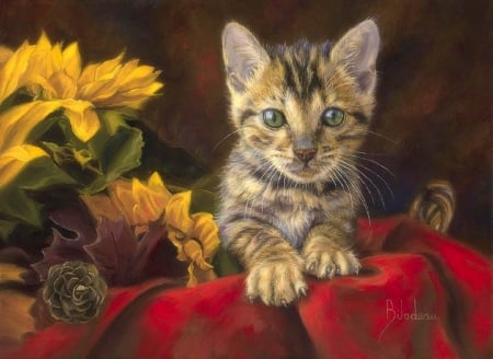 Little Darling - love four seasons, cute, animals, flowers, fall season, cats, kitten, paintings, autumn