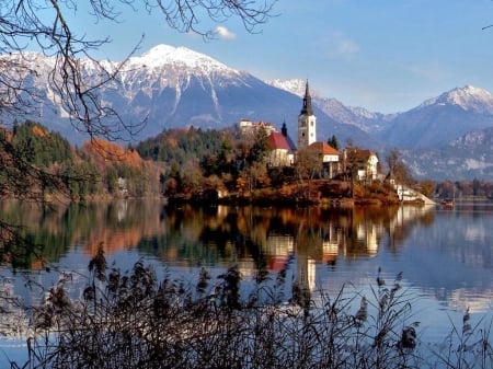 Lake Bled at Fall - church, leaves, island, mountains, colors