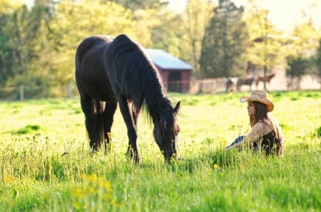 Sunny Afternoon Together - hat, Cowgirl, trees, grass, fence, horse, horses, barn, field