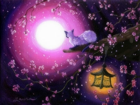 Moon Glow Lantern - trees, paintings, lantern, flowers, moons, cats, love four seasons, draw and paint, animals