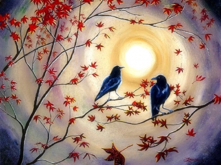 Ravens in Autumn - trees, birds, paintings, ravens, leaves, fall, moons, autumn, love four seasons, draw and paint, animals