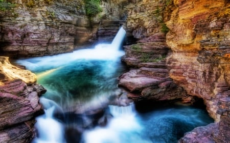 hidden blue vortex in glacier park montana hdr - pool, rocks, waterfalls, ravine, hdr