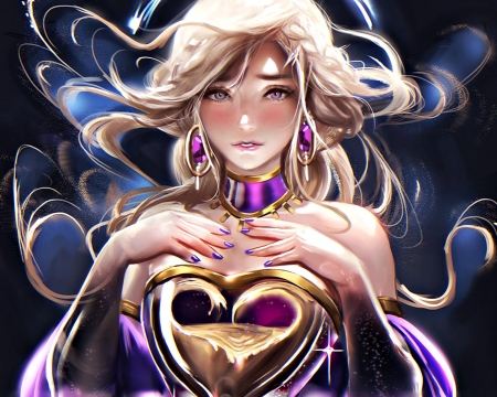 Hour glass goddess - woman, girl, heart, hour glass, goddess, fantasy, art, purple, pink, blue, golden, blonde, sakimichan