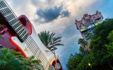 huge guitar by the hollywood tower - sky, building, guitar, trees, tower, huge