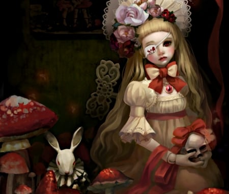 Alice - rabbit, anime, girl, blonde, pixiv, skull, manga, white, red, mushroom, halloween, ball jointed doll, alice, art