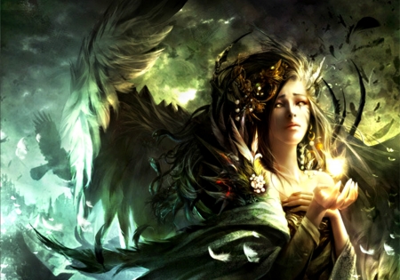 Angel - woman, girl, angel, magical, wings, fantasy, art, gcmm, game, luminos, snake, legend of the cryptids, feather, dragon, green