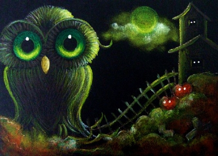 Halloween Witch House - owl, clouds, pumpkins, artwork, night