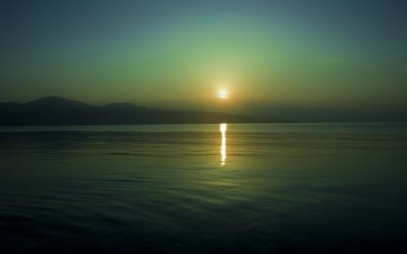 Neverending - sunset, green, sea, mountains, sky