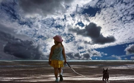 With her friend - pretty, girl, sea, dog