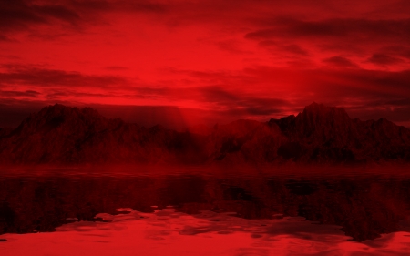 red horizan - cloud, lake, reflection, mountain