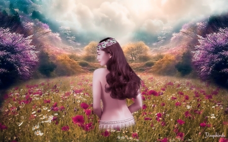 Beauty on the Field - woman, art, manipulation, field, flowers