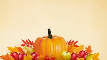 Happy Thanksgiving Bounty - puimpkin, harvest, food, Halloween, mountain ash berries, leaves, fall, apples, autumn, Thanksgiving, pears