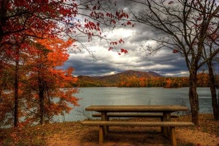 Autumn Lake - autumn, lake, trees, water, mountains, fall, clouds, picnic table, table