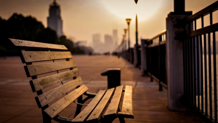 Bench - relax, evening, bench, city, fence, light