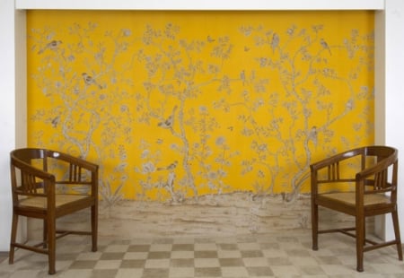 yellow interior - wall, yellow, chairs, interior