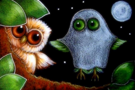 Baby Owl & Spooky - owls, ghost, paintings, moons, spooky, holiday, halloween, cute, love four seasons