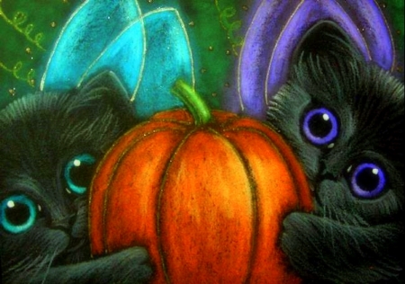 Pumpkin of Fairy Kittens - holiday, love four seasons, cats, halloween, kittens, fairies, pumpkin, paintings