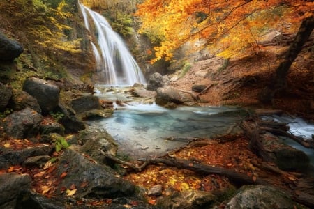 Autumn Falls - rocks, water, river, leaves, stones