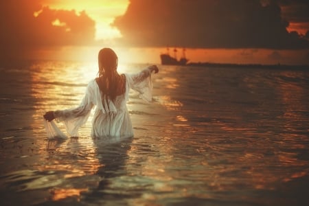 Beautiful - beauty, beach, sun, sunset, fantasy, white, art, clouds, orange, ship sky, boat, ocean, girl, fashion, beautiful, emotion, sea, light model