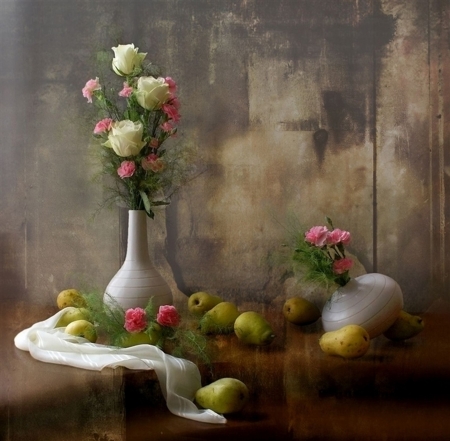 Still Life - flower, still life, rose, fruit