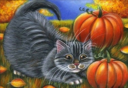 Gray Tabby on Halloween - autumn, animals, pumpkins, halloween, love four seasons, cats, leaves, holiday, paintings, fall season