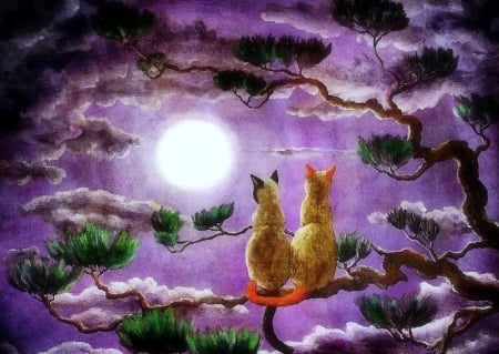 Dreaming of Two Siamese Cat - love four seasons, animals, moons, cat, love, abstract, night, cats, pine tree, kitten, draw and paint, moon, paintings